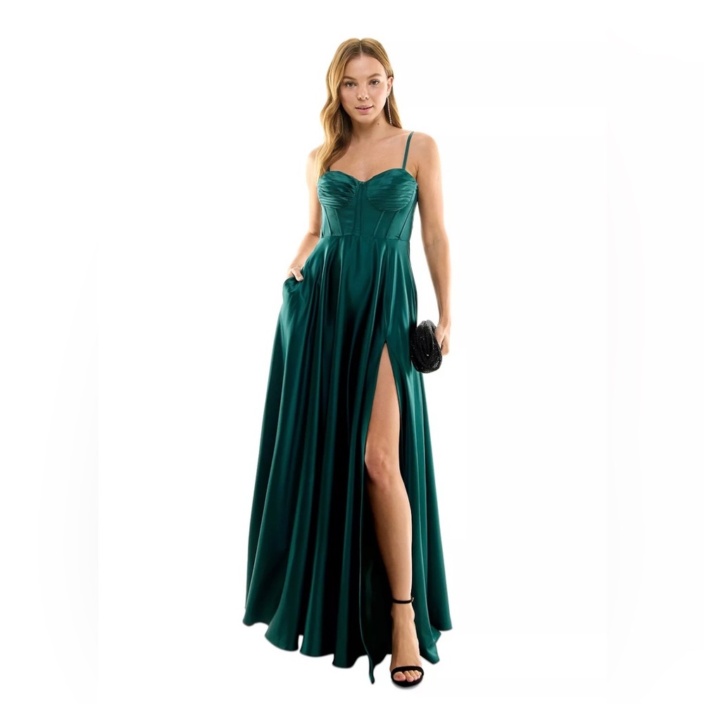 B. Darlin Pleated-Bodice High-Slit Evening Gown